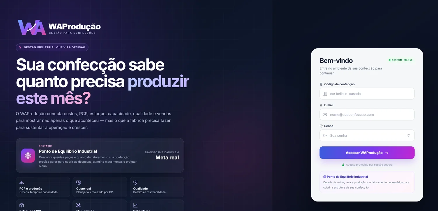 Tela real de acesso do WAProdução