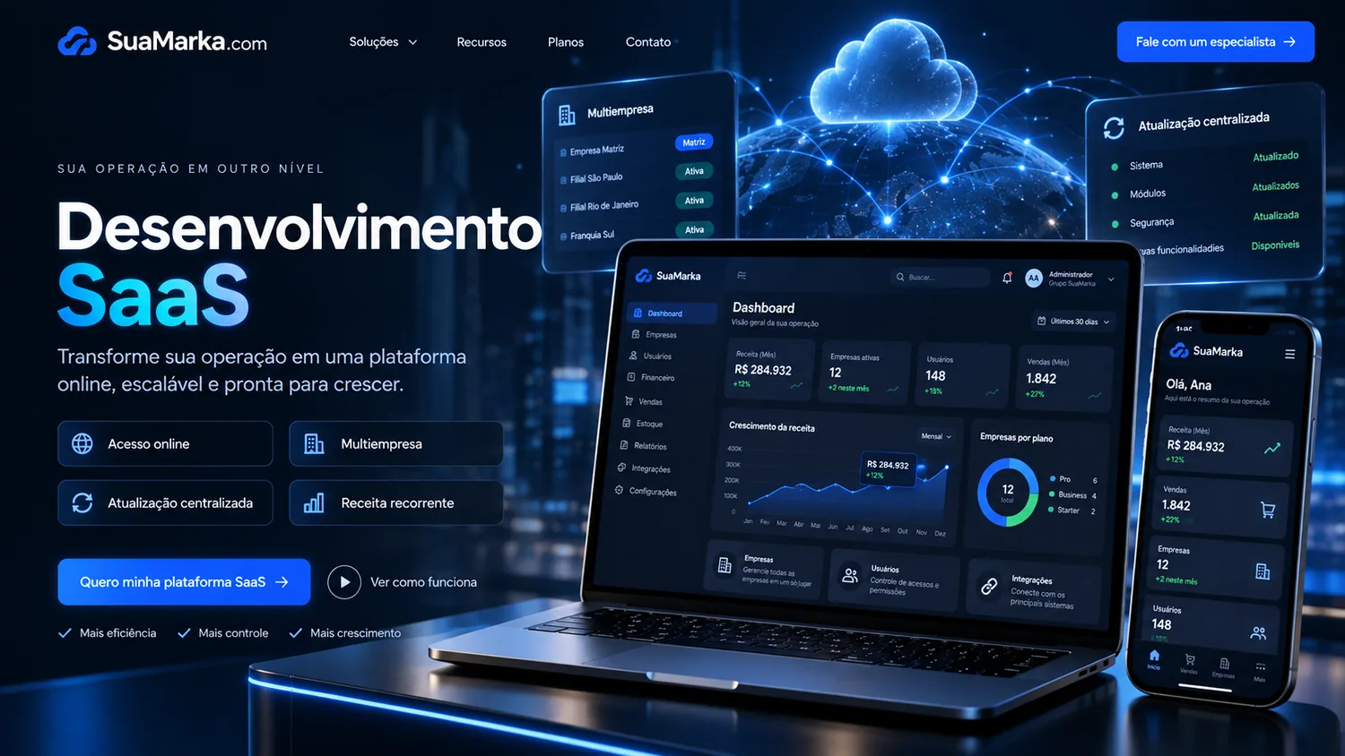Composição conceitual de desenvolvimento SaaS com laptop, smartphone e painel multiempresa