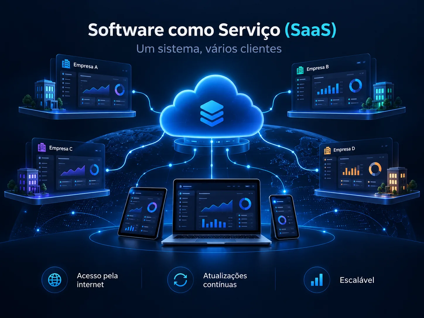 Ilustração conceitual de Software como Serviço com vários clientes conectados a uma mesma plataforma